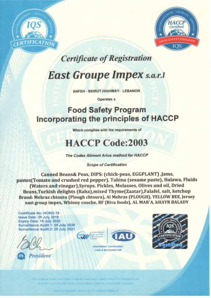 HACCP certificate of East Groupe Impex