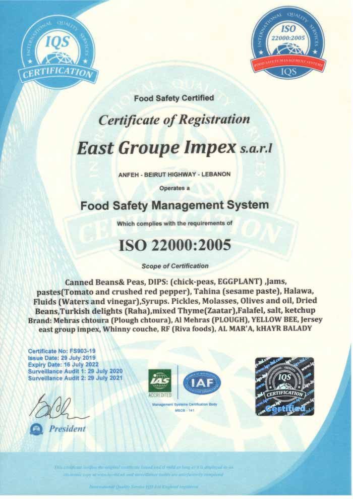 ISO 22000 certificate of East Groupe Impex
